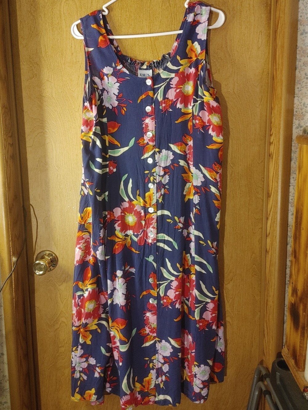 Vintage 90s BFA Classics Floral Navy Button-Front Sleeveless Dress